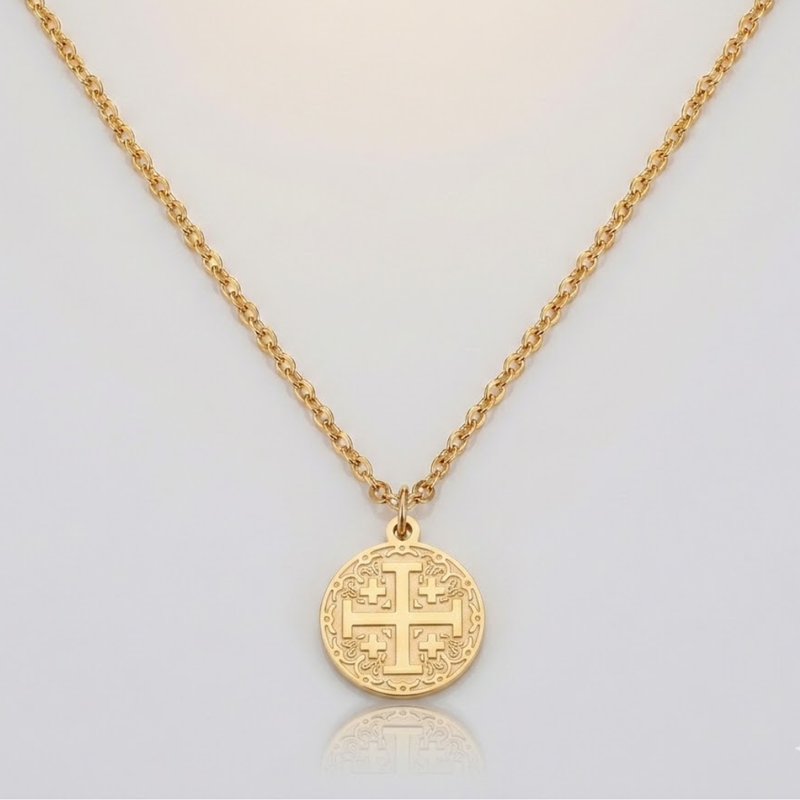 Crusader Cross Necklace Pendant Christian Protection Stainless Steel Gold Baptism-Tithesource-
