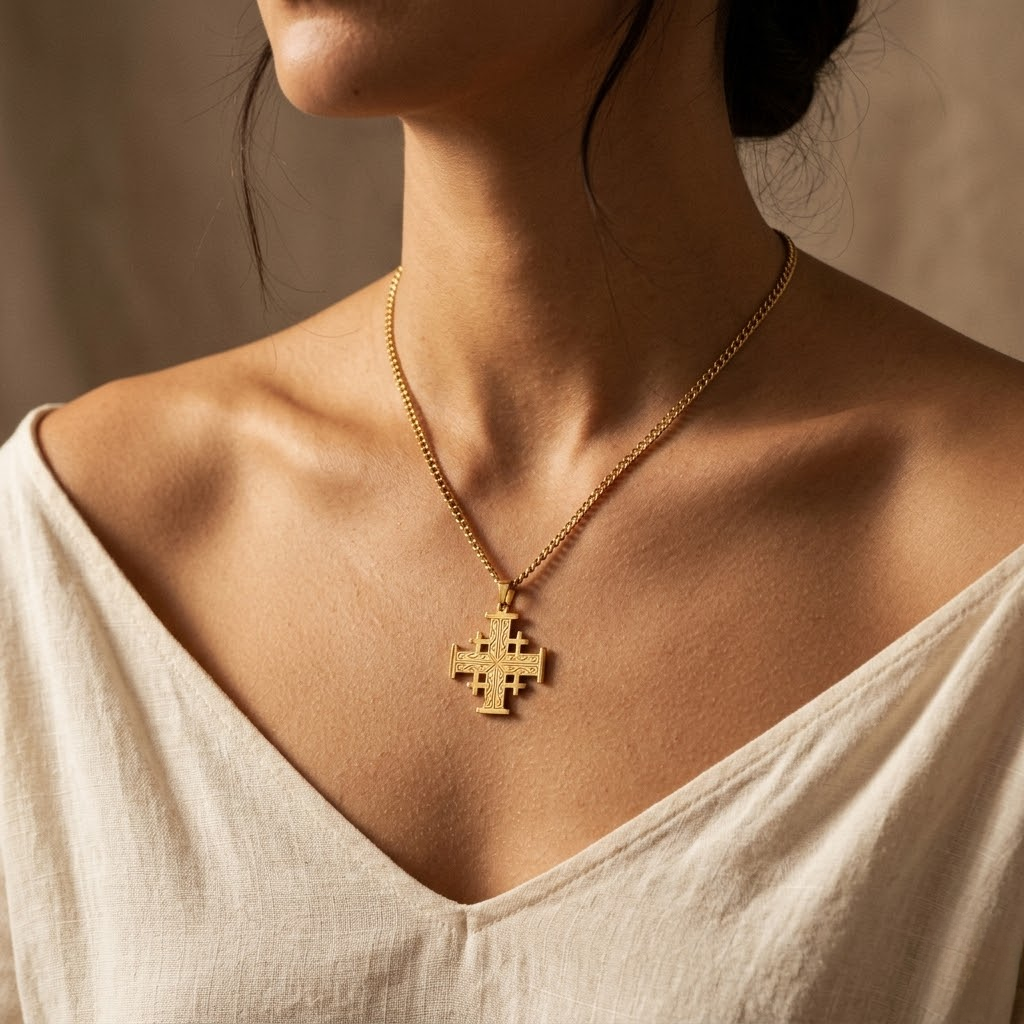 Crusader Cross Pendant Necklace Five Fold Christian Faith Stainless Steel Men Women-Tithesource-