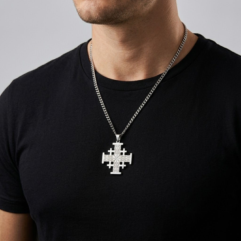 Crusader Cross Pendant Necklace Five Fold Christian Faith Stainless Steel Men Women-Tithesource-
