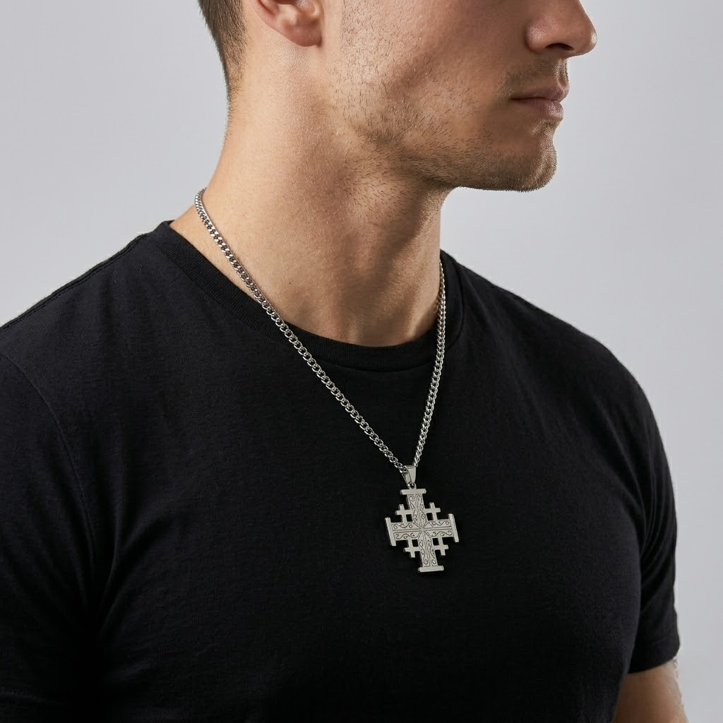 Crusader Cross Pendant Necklace Five Fold Christian Faith Stainless Steel Men Women-Tithesource-