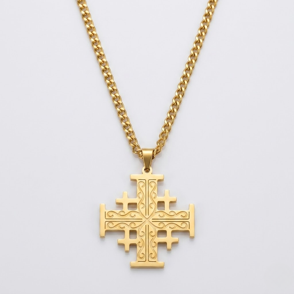 Crusader Cross Pendant Necklace Five Fold Christian Faith Stainless Steel Men Women-Tithesource-Gold-