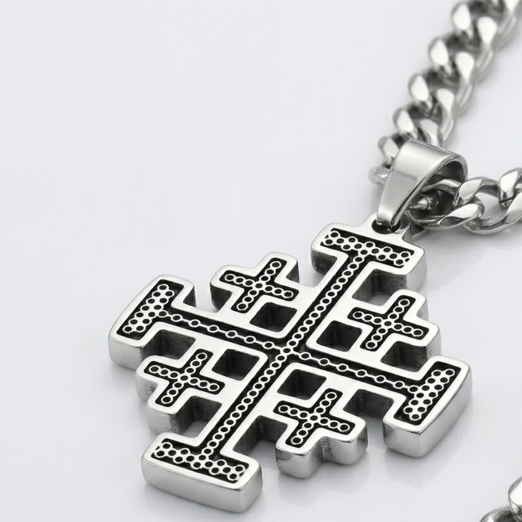 Crusader Cross Pendant Necklace Five Fold Christian Hip Hop Stainless Steel Cuban Chain Men-Tithesource-