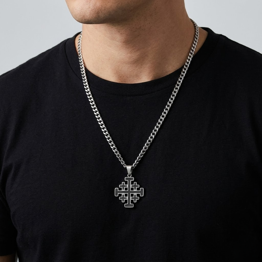Crusader Cross Pendant Necklace Five Fold Christian Hip Hop Stainless Steel Cuban Chain Men-Tithesource-