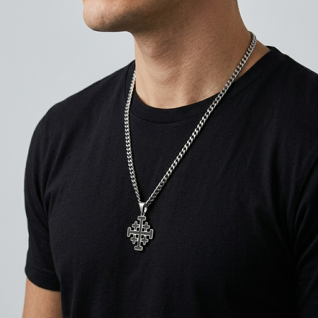 Crusader Cross Pendant Necklace Five Fold Christian Hip Hop Stainless Steel Cuban Chain Men-Tithesource-