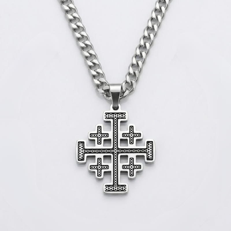 Crusader Cross Pendant Necklace Five Fold Christian Hip Hop Stainless Steel Cuban Chain Men-Tithesource-
