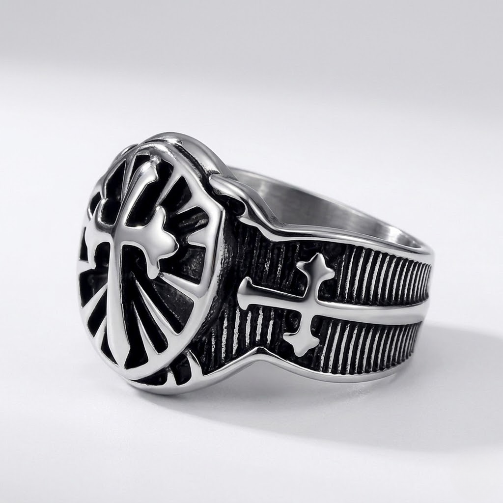 Crusader Cross Ring Knights Templar Shield Sword Stainless Steel Signet Ring Men-Tithesource-