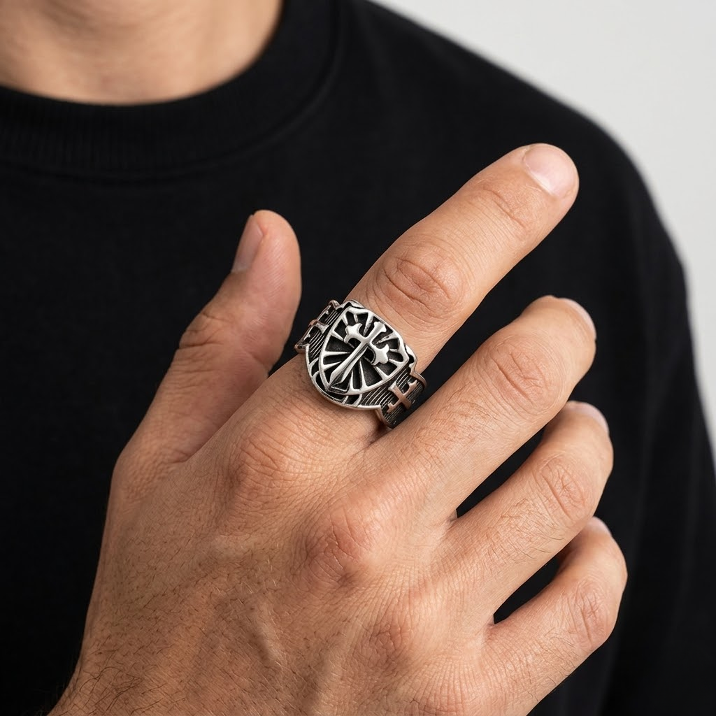 Crusader Cross Ring Knights Templar Shield Sword Stainless Steel Signet Ring Men-Tithesource-
