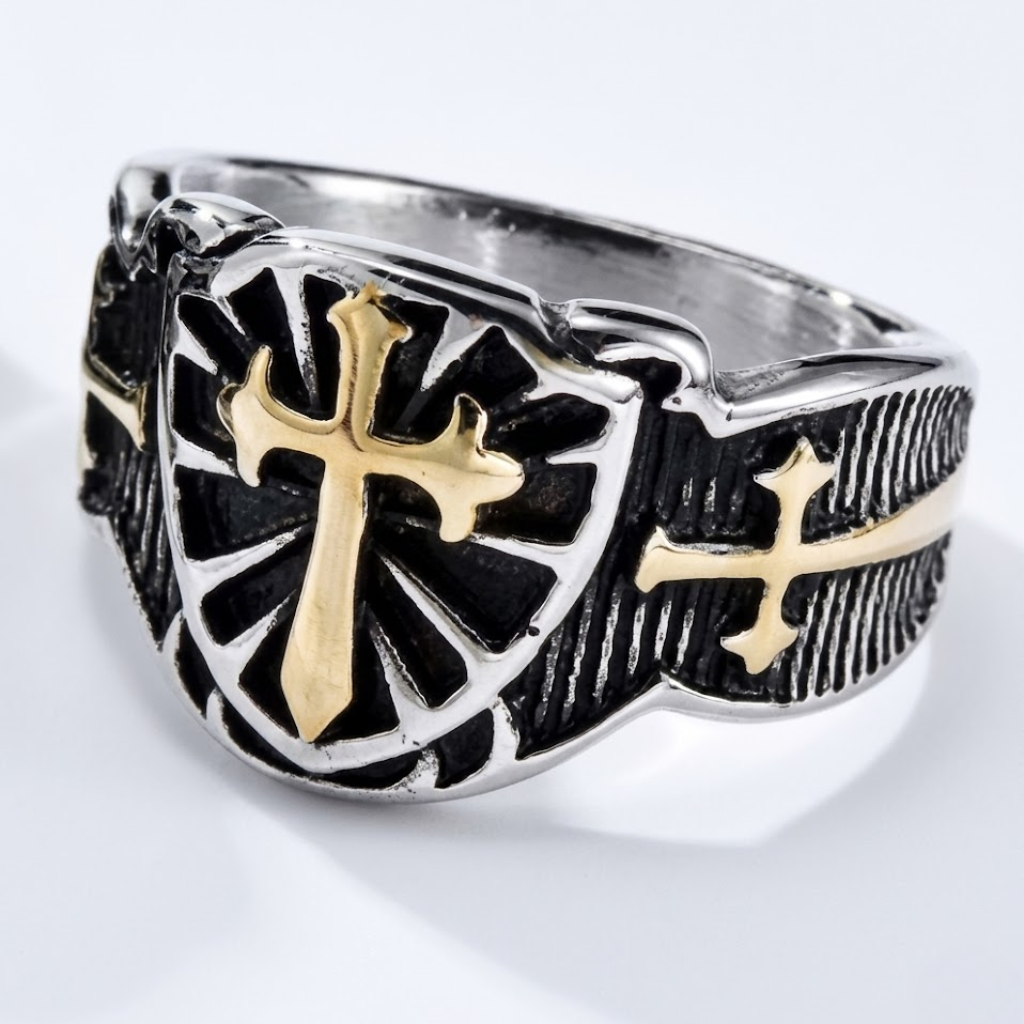 Crusader Cross Ring Knights Templar Shield Sword Stainless Steel Signet Ring Men-Tithesource-