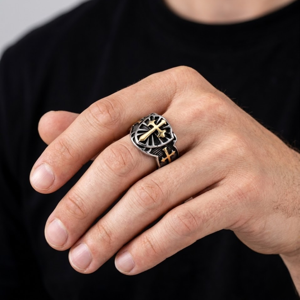 Crusader Cross Ring Knights Templar Shield Sword Stainless Steel Signet Ring Men-Tithesource-