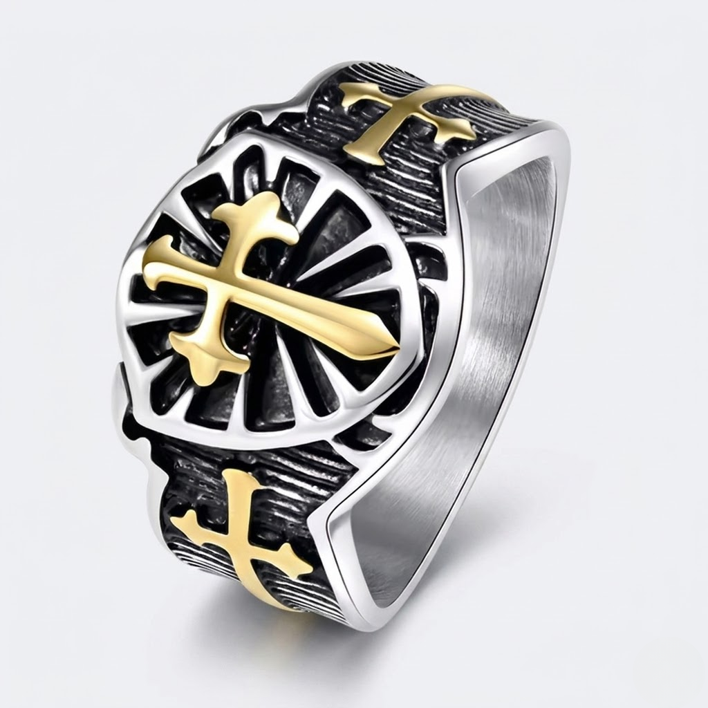 Crusader Cross Ring Knights Templar Shield Sword Stainless Steel Signet Ring Men-Tithesource-Gold-8-