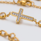 Cubic Zirconia Cross Charm Bracelet for Women | Gold Plated Stainless Steel