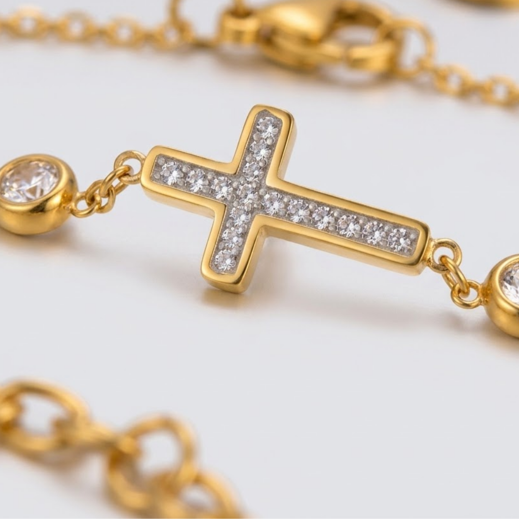 Cubic Zirconia Cross Charm Bracelet for Women | Gold Plated Stainless Steel