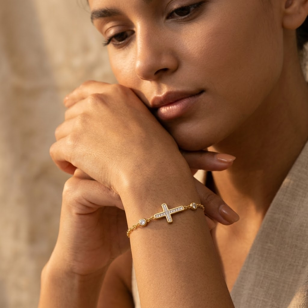 Cubic Zirconia Cross Charm Bracelet for Women | Gold Plated Stainless Steel