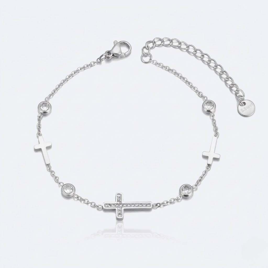 Cubic Zirconia Cross Charm Bracelet for Women | Gold Plated Stainless Steel
