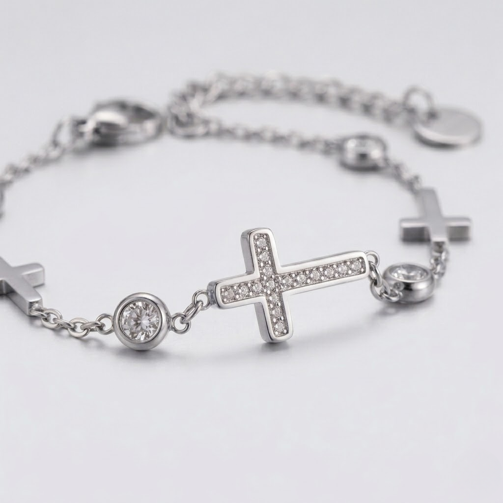 Cubic Zirconia Cross Charm Bracelet for Women | Gold Plated Stainless Steel