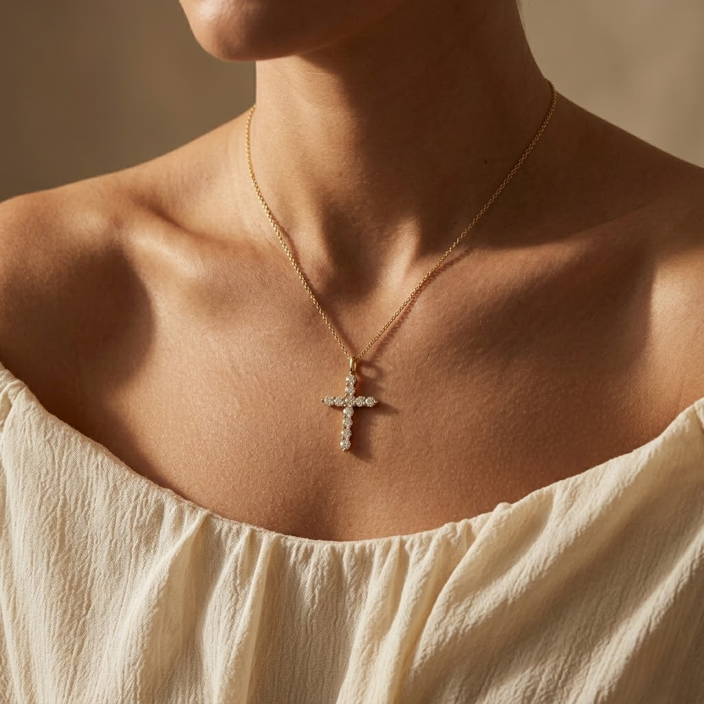 Cubic Zirconia Cross Pendant Necklace | Classic Stainless Steel Chain
