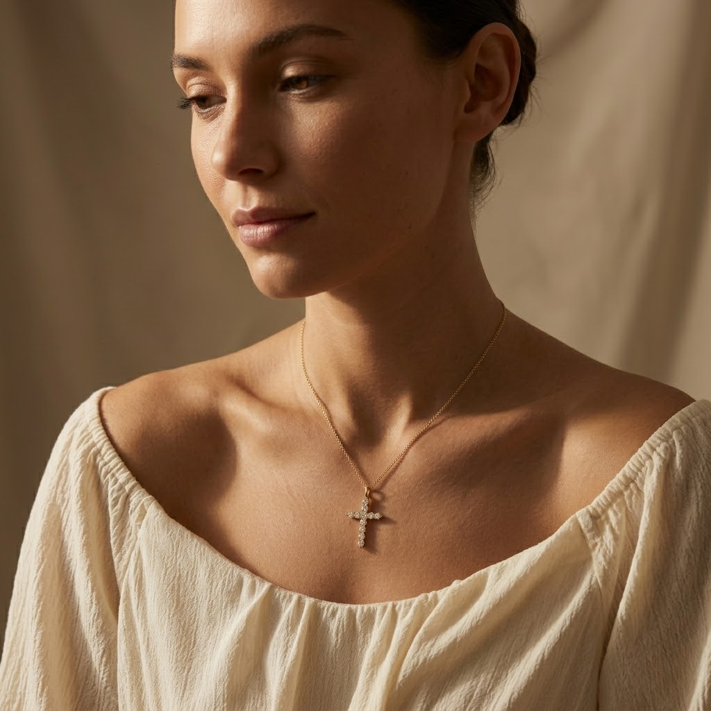 Cubic Zirconia Cross Pendant Necklace | Classic Stainless Steel Chain