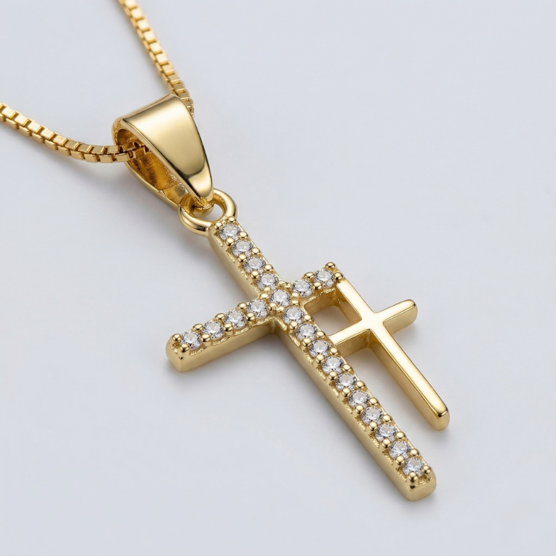 Cubic Zirconia Double Cross Pendant Necklace | Gold Plated