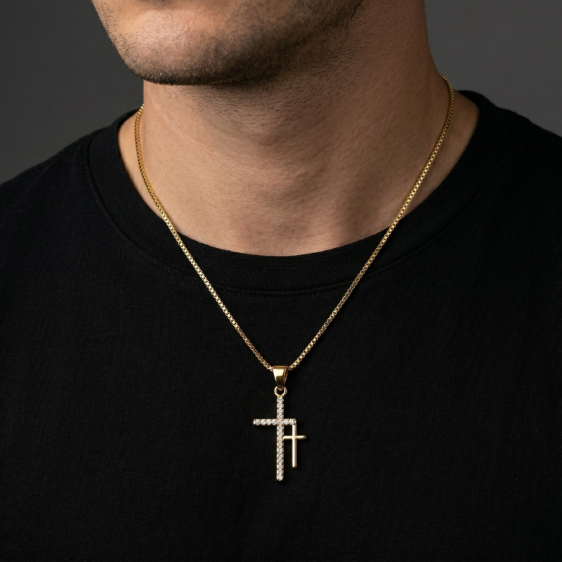 Cubic Zirconia Double Cross Pendant Necklace | Gold Plated