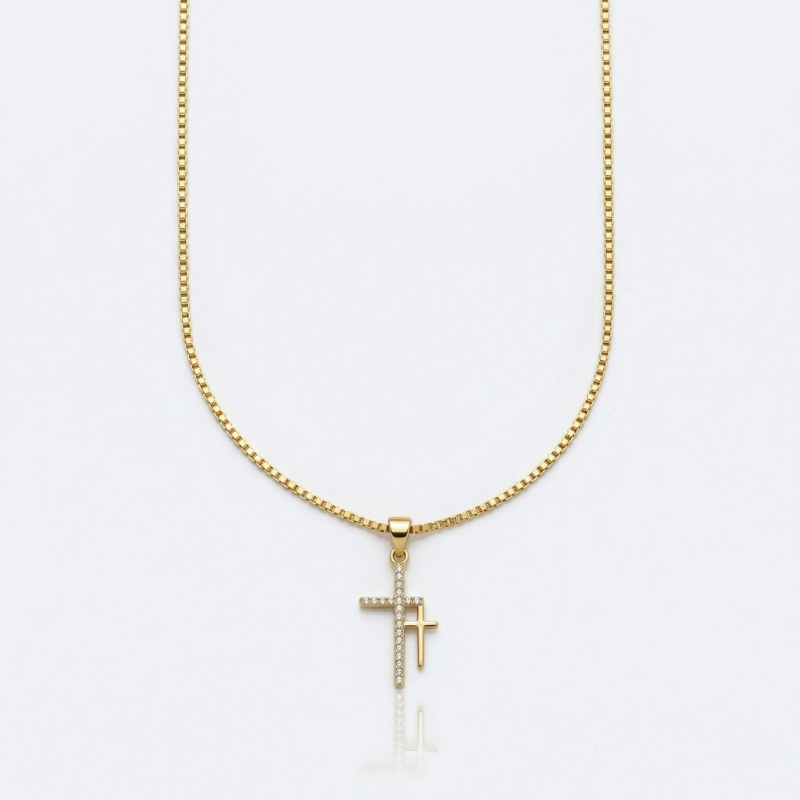 Cubic Zirconia Double Cross Pendant Necklace | Gold Plated