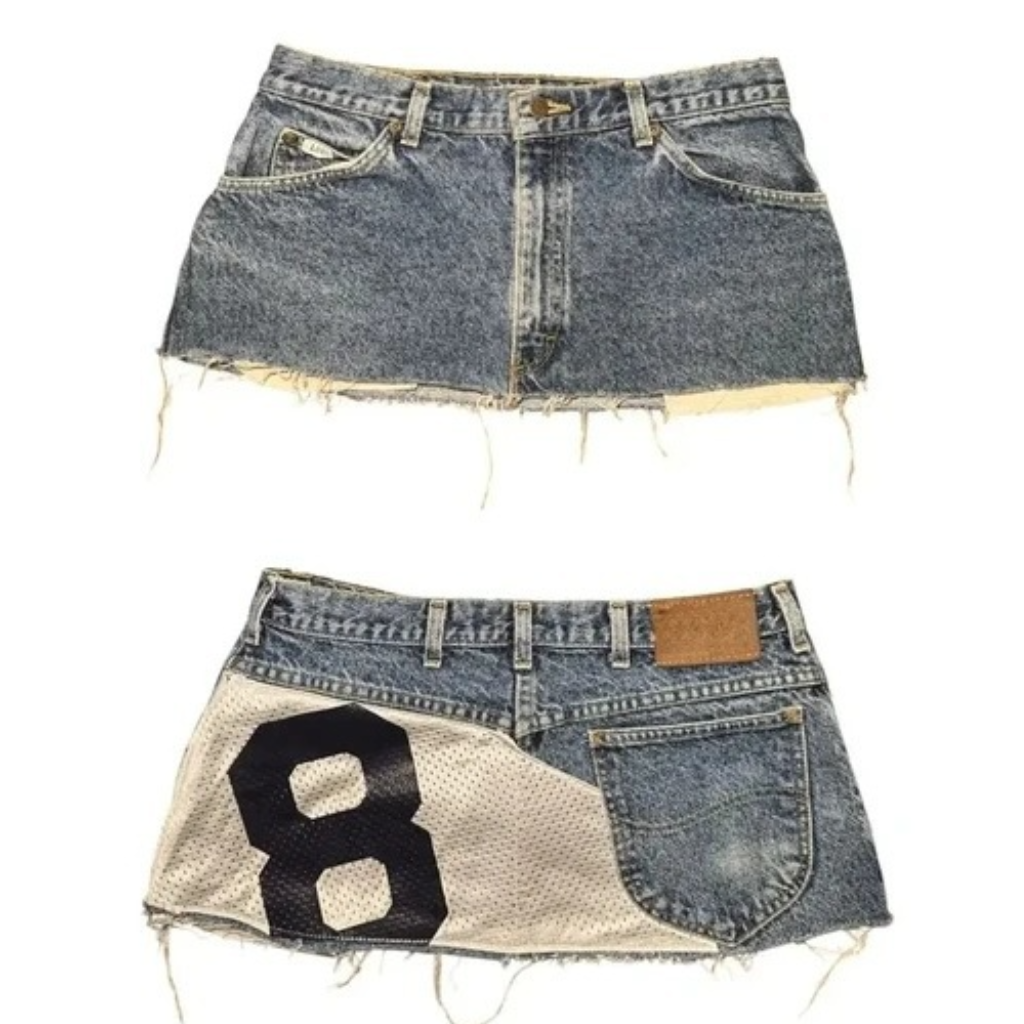 Denim Mini Skirt Womens Low Rise Y2K Patchwork Mesh Varsity Number Jean Skirt