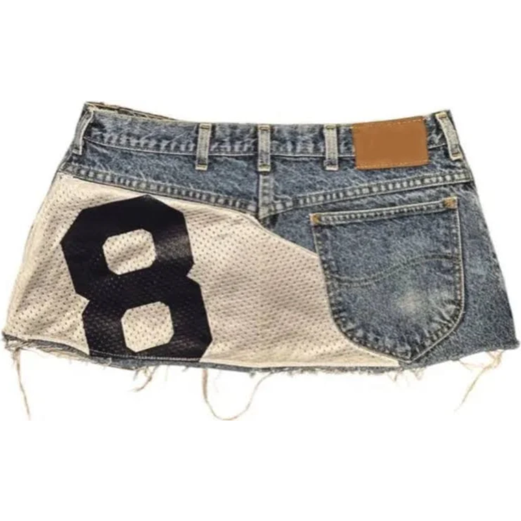 Denim Mini Skirt Womens Low Rise Y2K Patchwork Mesh Varsity Number Jean Skirt