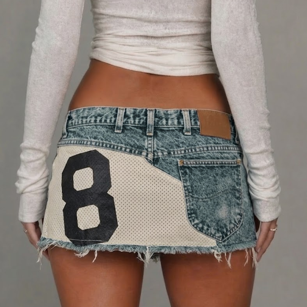 Denim Mini Skirt Womens Low Rise Y2K Patchwork Mesh Varsity Number Jean Skirt