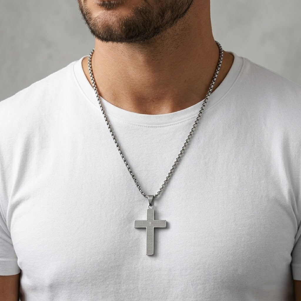 Engraved Cross Pendant Chain Necklace