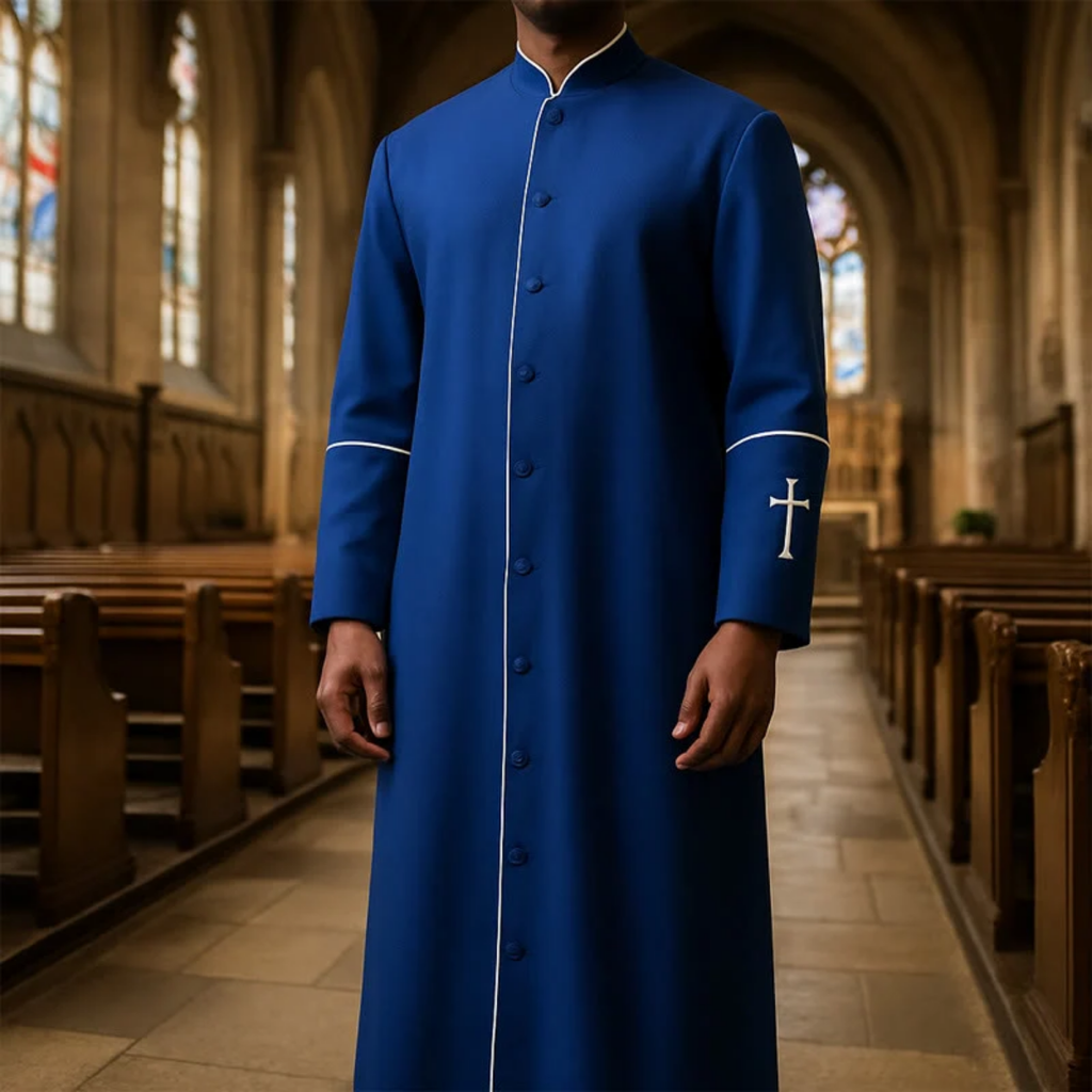 Formal Stand Collar Clergy Robe Cassock with White Cross and Ritual Dignity