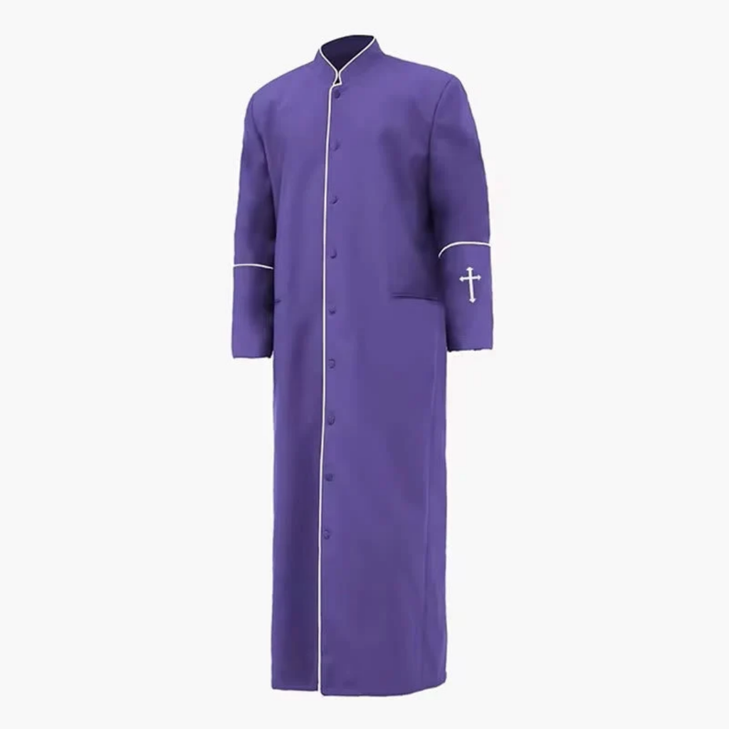 Formal Stand Collar Clergy Robe Cassock with White Cross and Ritual Dignity
