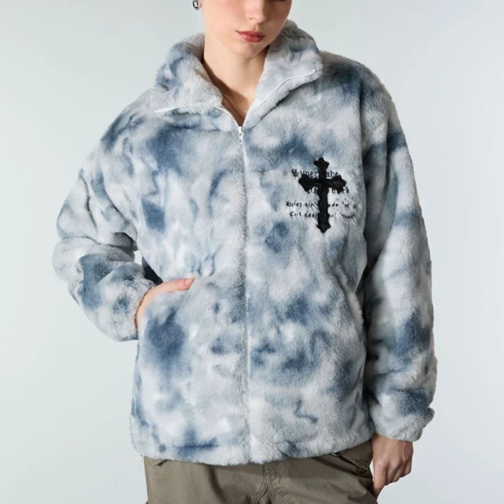 Fur Jacket Men Faux Lambswool Tie Dye Cross Streetwear