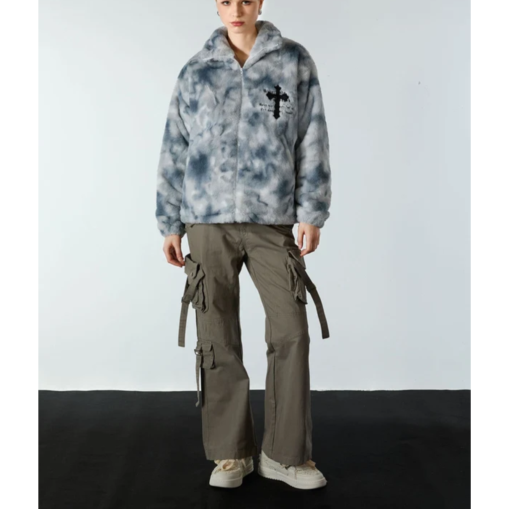 Fur Jacket Men Faux Lambswool Tie Dye Cross Streetwear