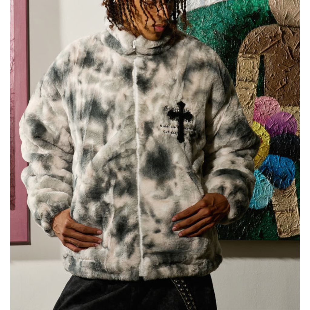 Fur Jacket Men Faux Lambswool Tie Dye Cross Streetwear