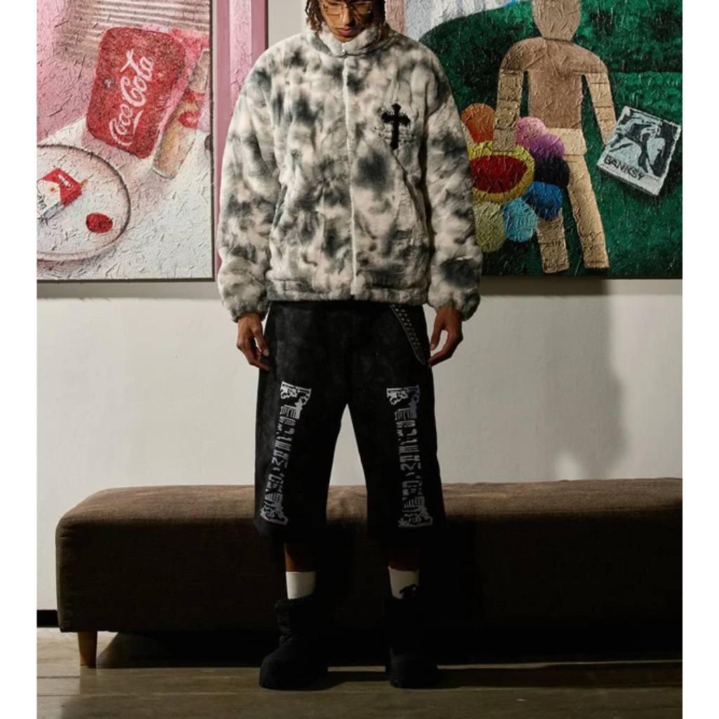 Fur Jacket Men Faux Lambswool Tie Dye Cross Streetwear