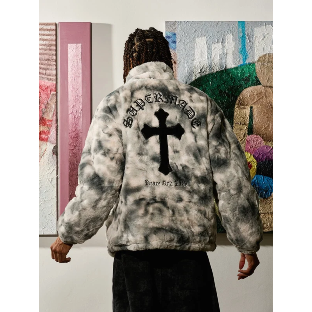 Fur Jacket Men Faux Lambswool Tie Dye Cross Streetwear