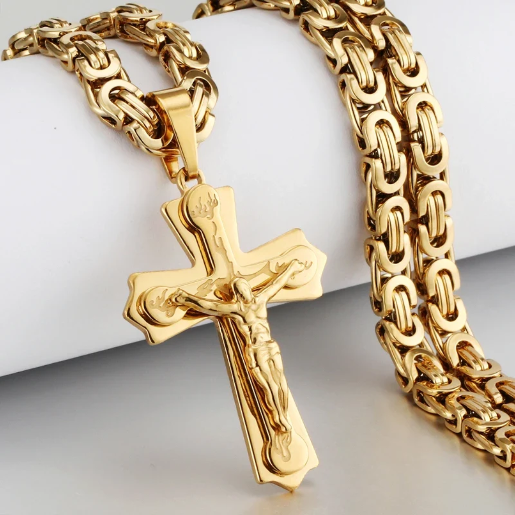 Gold Cross Necklace Men Byzantine Chain Crucifix Pendant Engraved