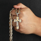 Gold Cross Necklace Men Byzantine Chain Crucifix Pendant Engraved
