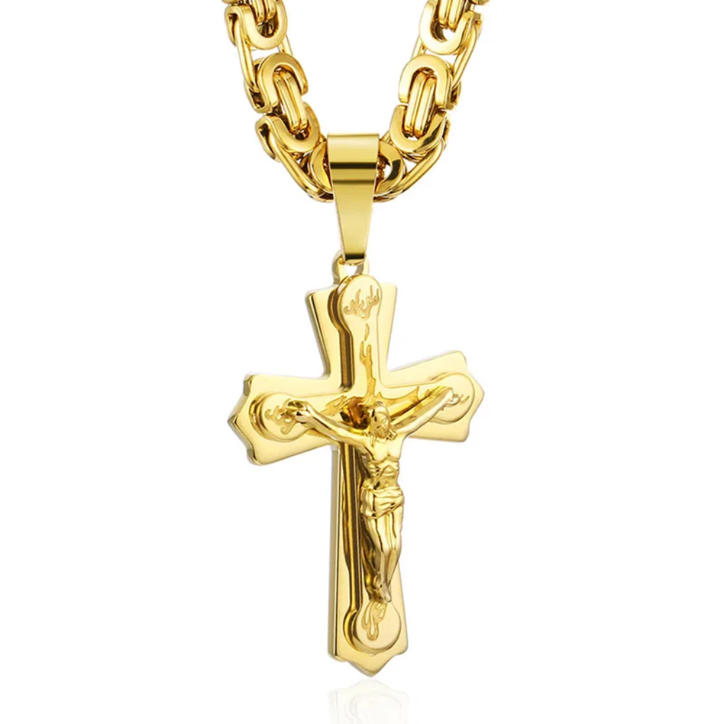 Gold Cross Necklace Men Byzantine Chain Crucifix Pendant Engraved
