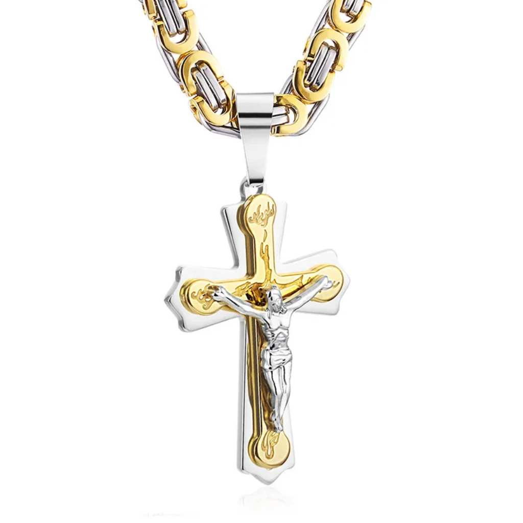Gold Cross Necklace Men Byzantine Chain Crucifix Pendant Engraved