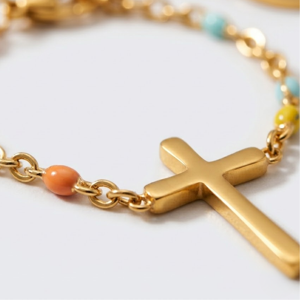 Golden Beaded Cross Bracelet
