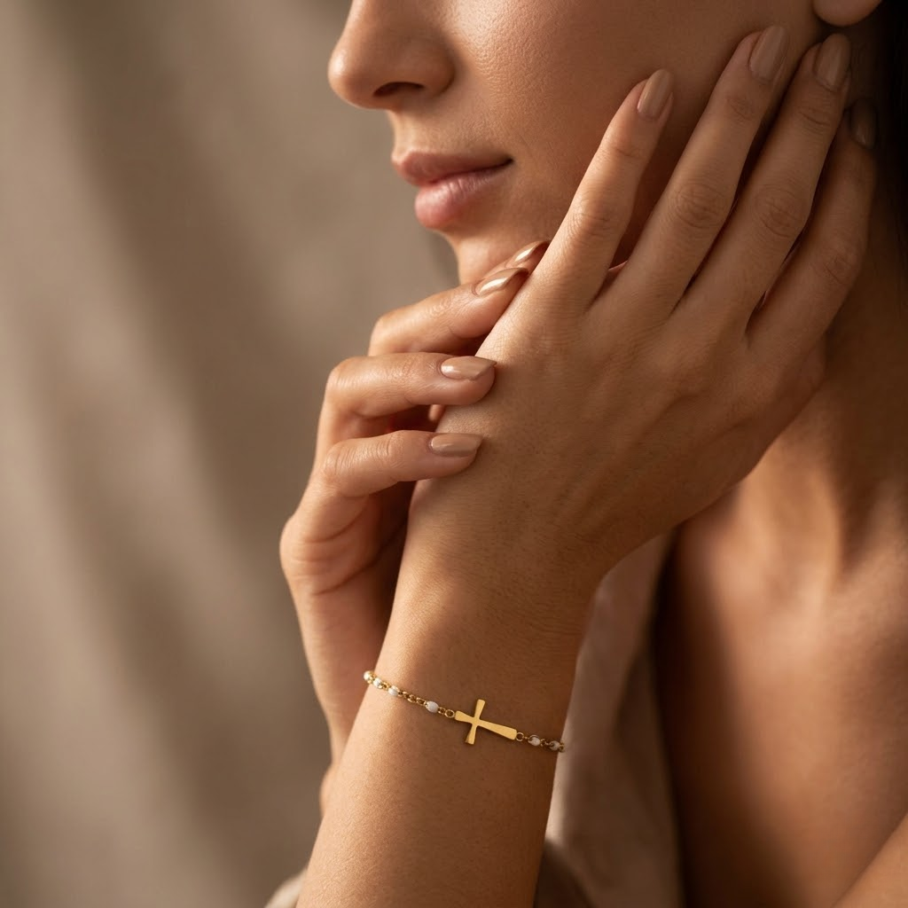 Golden Beaded Cross Bracelet