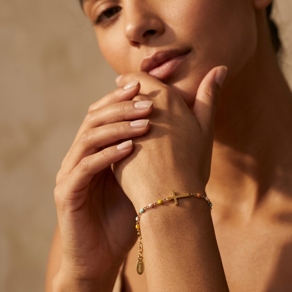 Golden Beaded Cross Bracelet