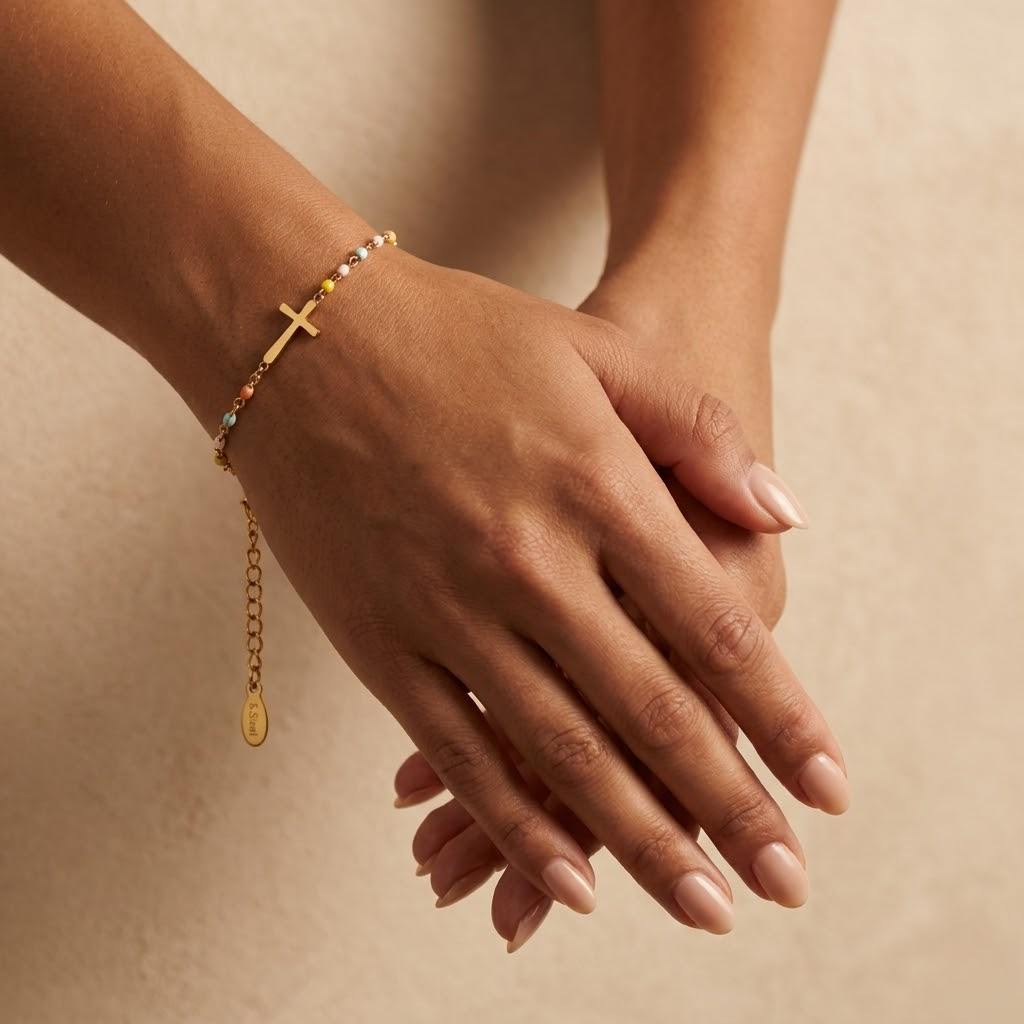 Golden Beaded Cross Bracelet