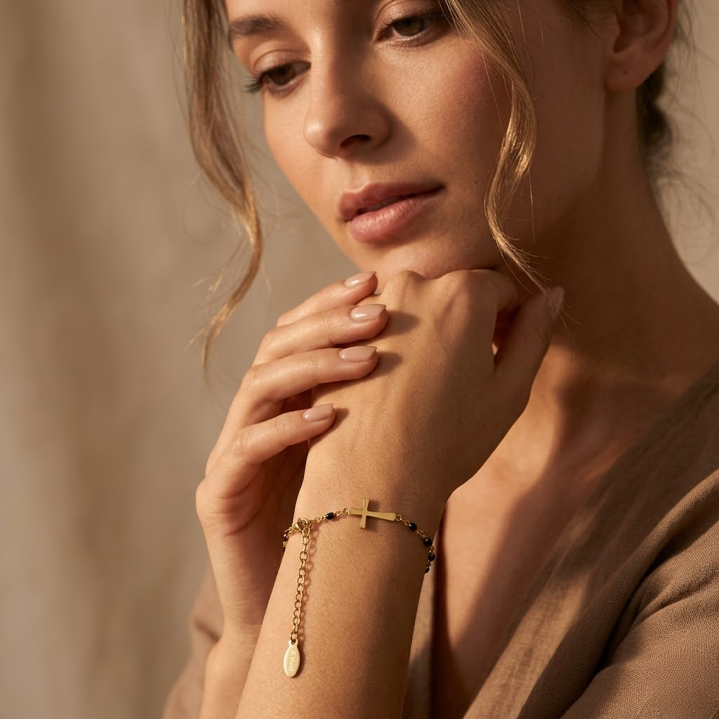 Golden Beaded Cross Bracelet