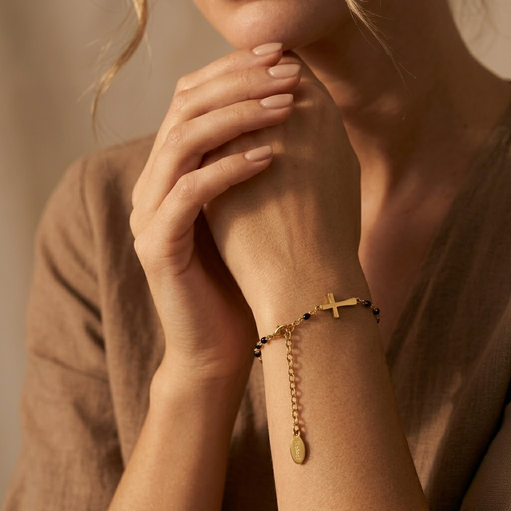Golden Beaded Cross Bracelet