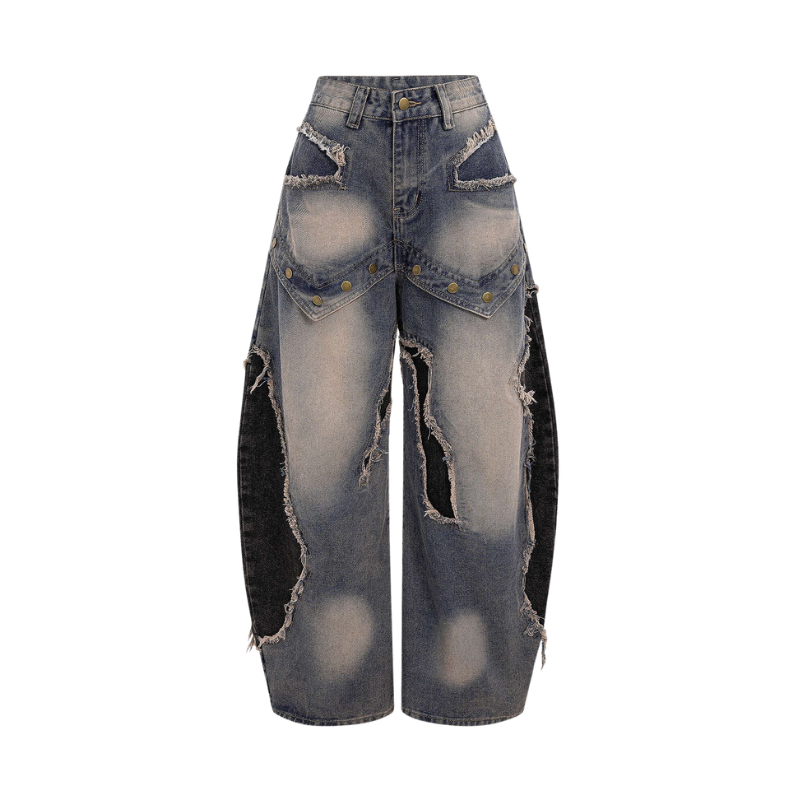 Baggy Denim Jeans Womens - Wide Leg Patchwork Frayed Rivets