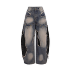 Baggy Denim Jeans Womens - Wide Leg Patchwork Frayed Rivets