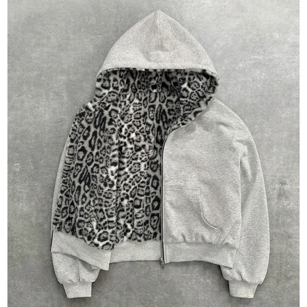 Grey Reversible Zipper Hoodie - Leopard Print Women