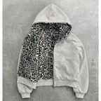 Grey Reversible Zipper Hoodie - Leopard Print Women