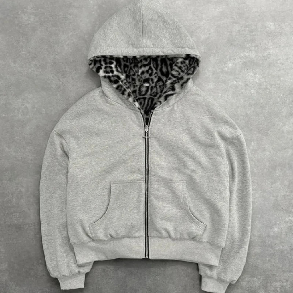 Grey Reversible Zipper Hoodie - Leopard Print Women